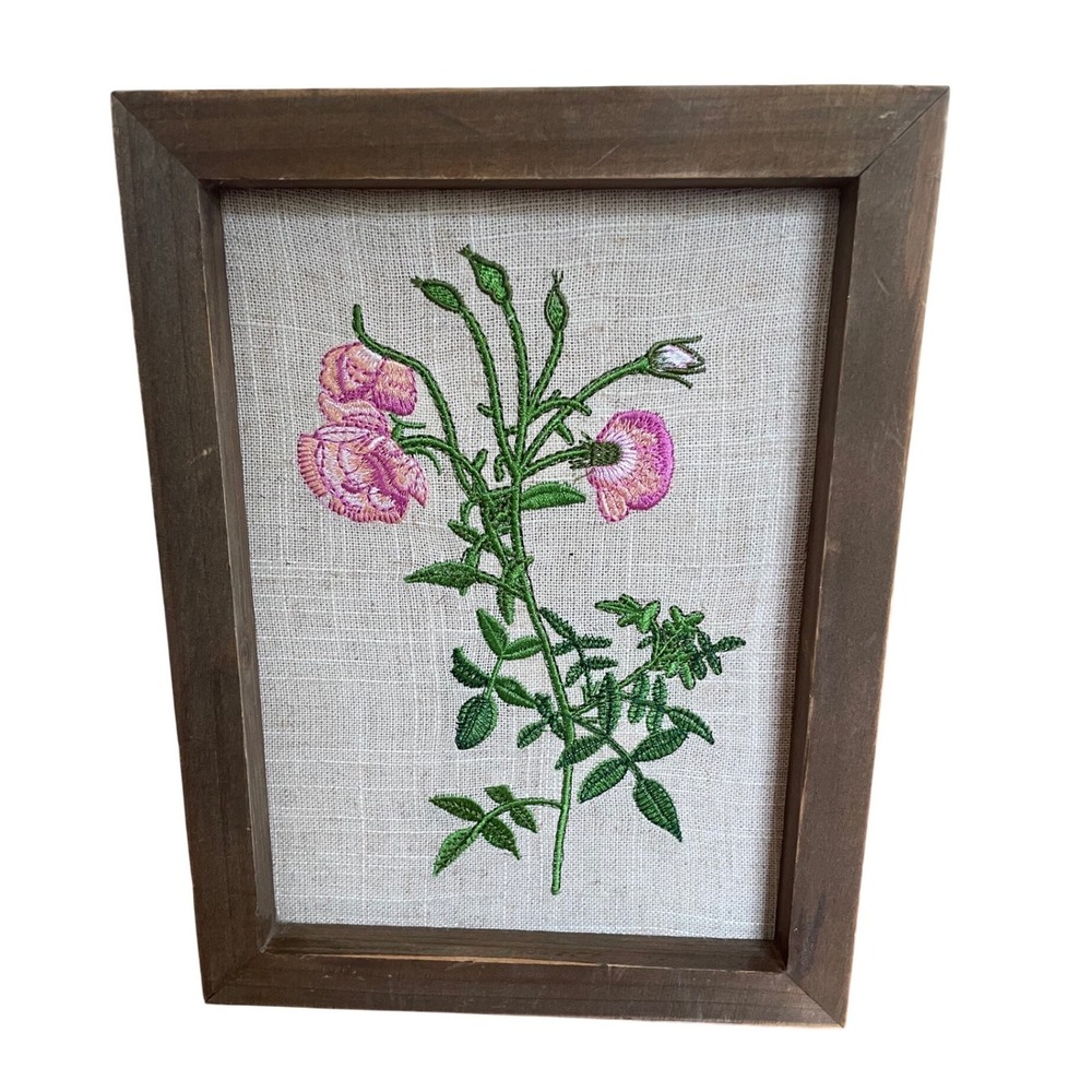 Simply Spring Embroidered Floral Wall Art Pink Flowers Wood Frame 8x10 New